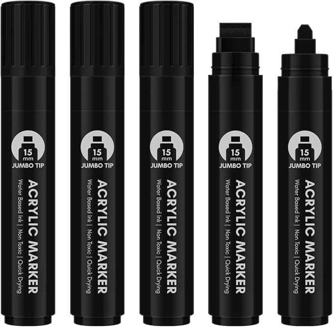 BIGTHUMB Black Poster Markers Jumbo: 5 Pcs 15mm Wide Tip Thick Acrylic Paint - Image 2