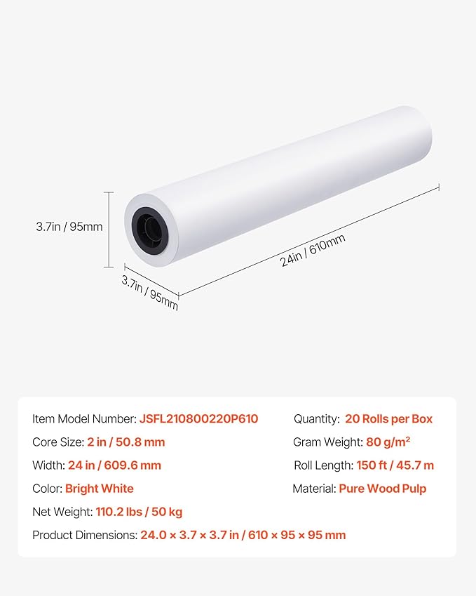 VEVOR Wide Format Paper, 24 in x 150 ft Plotter Roll, 20 Rolls CAD Bond Rolls - Image 7