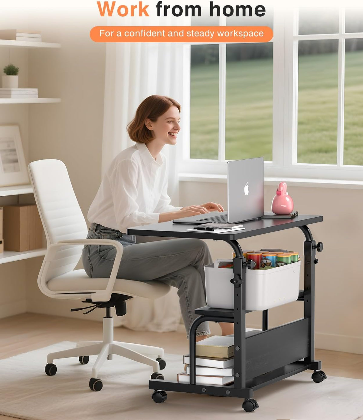 QZMDSM Portable Rolling Desk on Wheels Adjustable Height Desks for Small Spac...