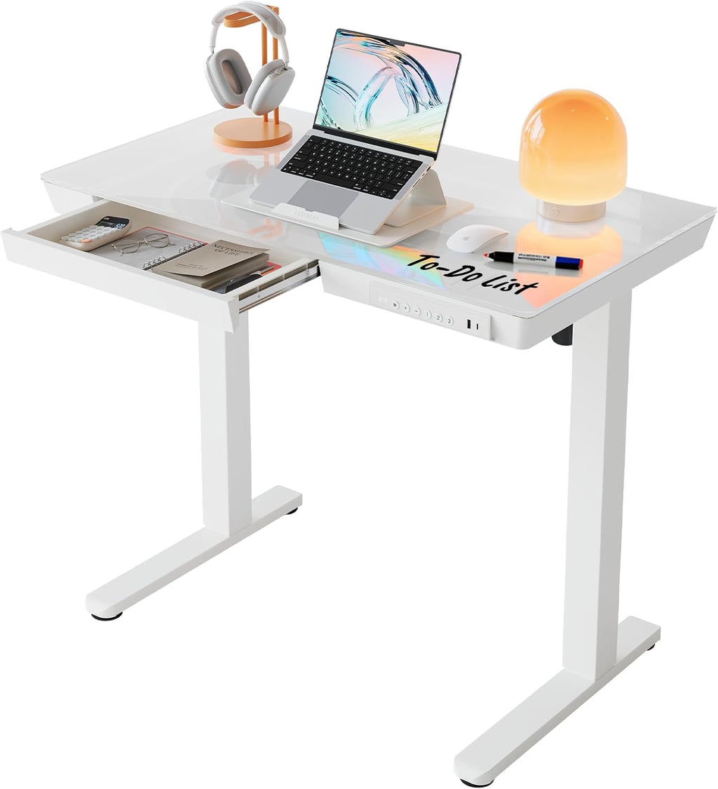 HUANUO Glass Standing Desk with Drawers, 35 X 20 Inch Electric Adjustable Height Desk, Quick Install One-Piece Tabletop with USB Charging Ports, White