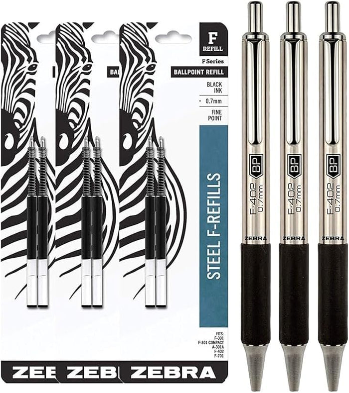 Zebra F-402 Ballpoint Stainless Steel Retractable Pens With Refills, Fine Point, 0.7mm, Black Ink, 6-Count
