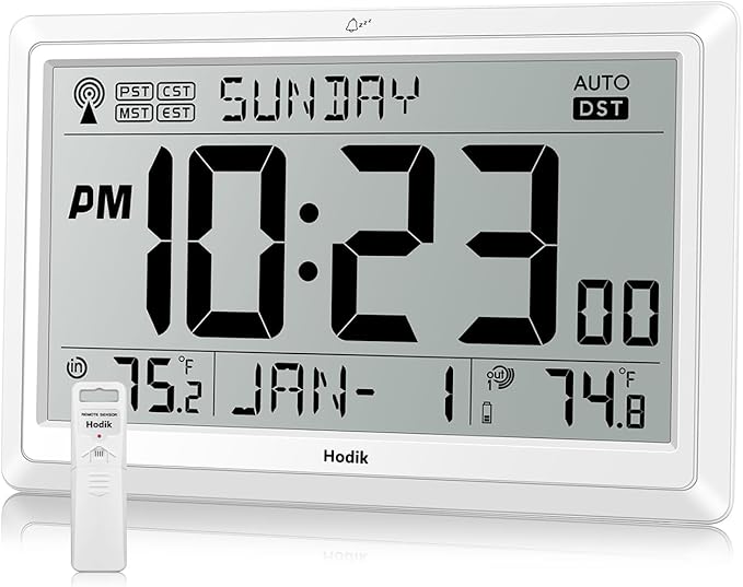 Wall Clock Atomic with Indoor Outdoor Temperature Battery Powered, Easy Reading by Hodik