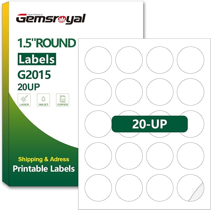 Gemsroyal 1.5 inch Round Labels Printable, Matte White Circle Labels by Gemsroyal