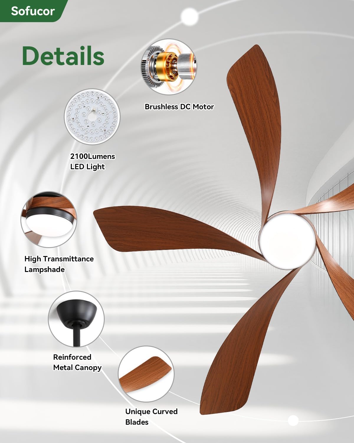 sofucor 52 inch smart modern ceiling fan with, front angle view