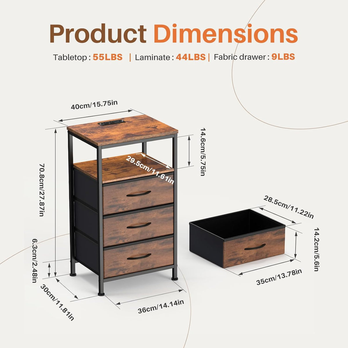 OLIXIS Nightstand with Charging Station, 3 Fabric Drawers Bedside Table