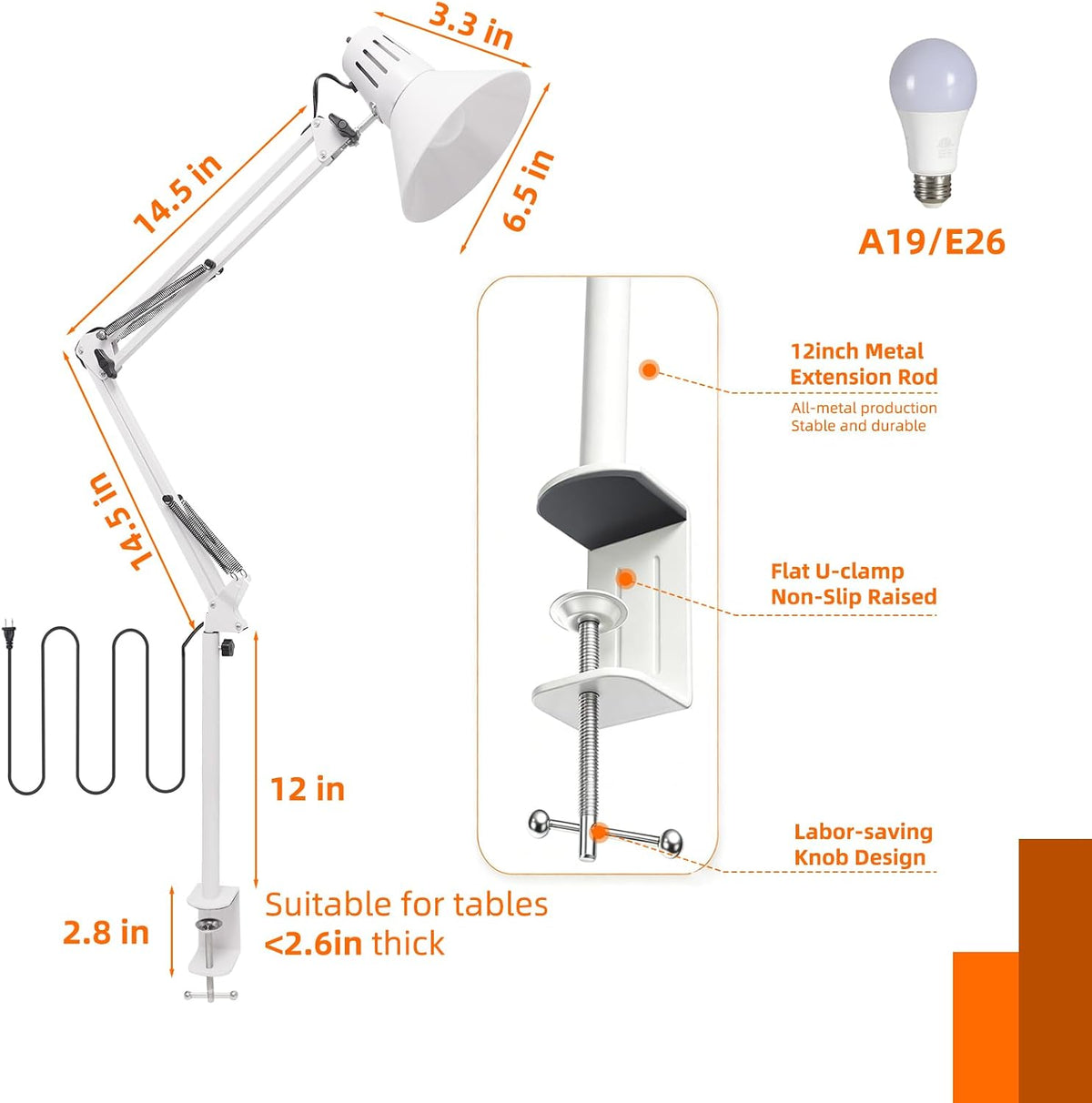 White Desk Lamp with Clamp, Extra-Tall Adjustable Metal Swing Arm, 5000K