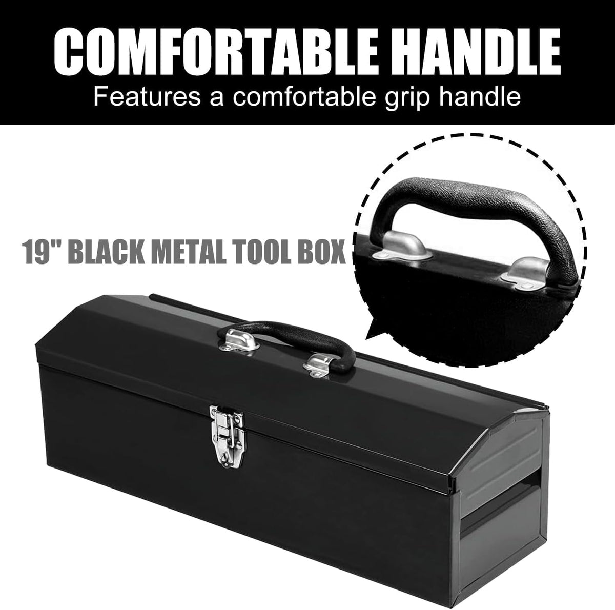 19" portable tool box, metal tool box, ideal, close-up detail