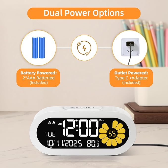 DOOMAY Digital Alarm Clock for Bedroom: Dual Alarm Bedside Clock VA LCD Display - Image 3