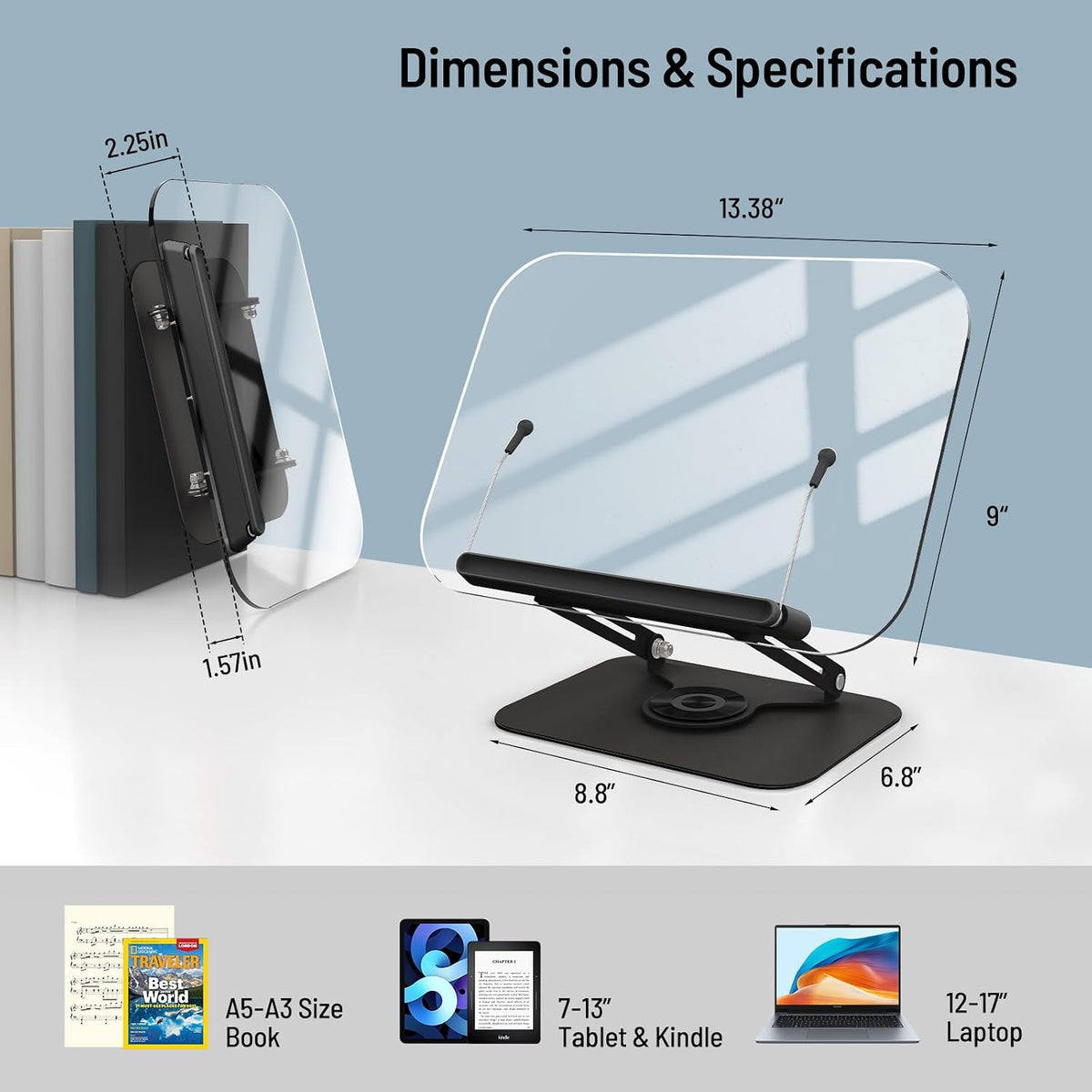 Acrylic Book Stand for Reading Hands Free - Adjustable 360° Rotating Cookbook...