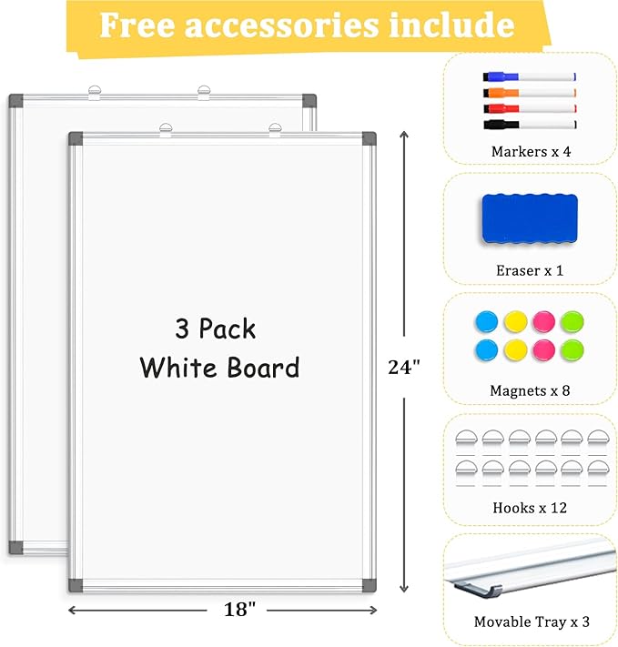 AMUSIGHT 3 Pack Double-Sided Magnetic Whiteboard, Aluminum Frame White Board - Image 4