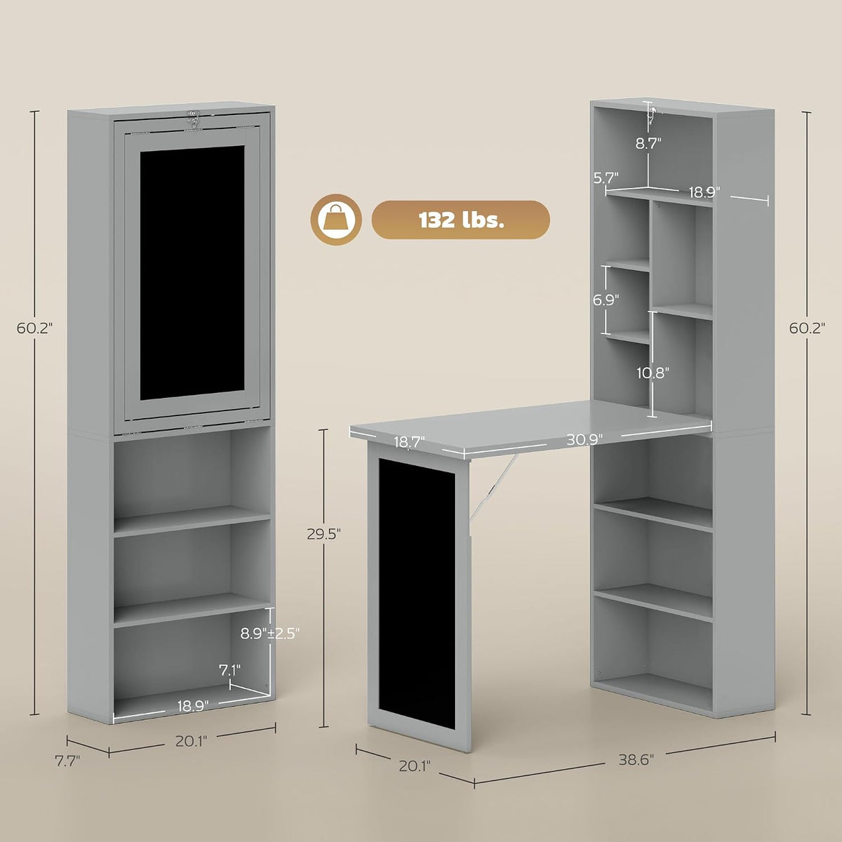 HOMCOM Foldable Desk Wall Mounted Convertible Table for Small Spaces, Gray