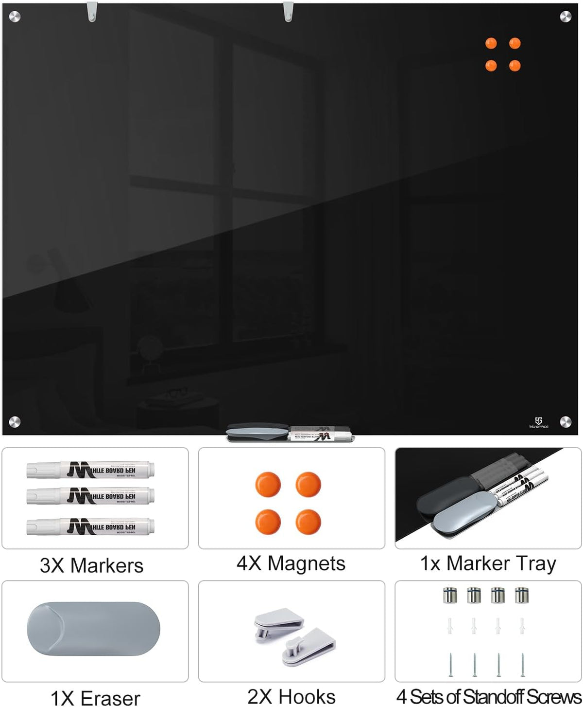 TSJ OFFICE White Board for Wall - 48" x 30" Black Glass Board 4 X 3 FT