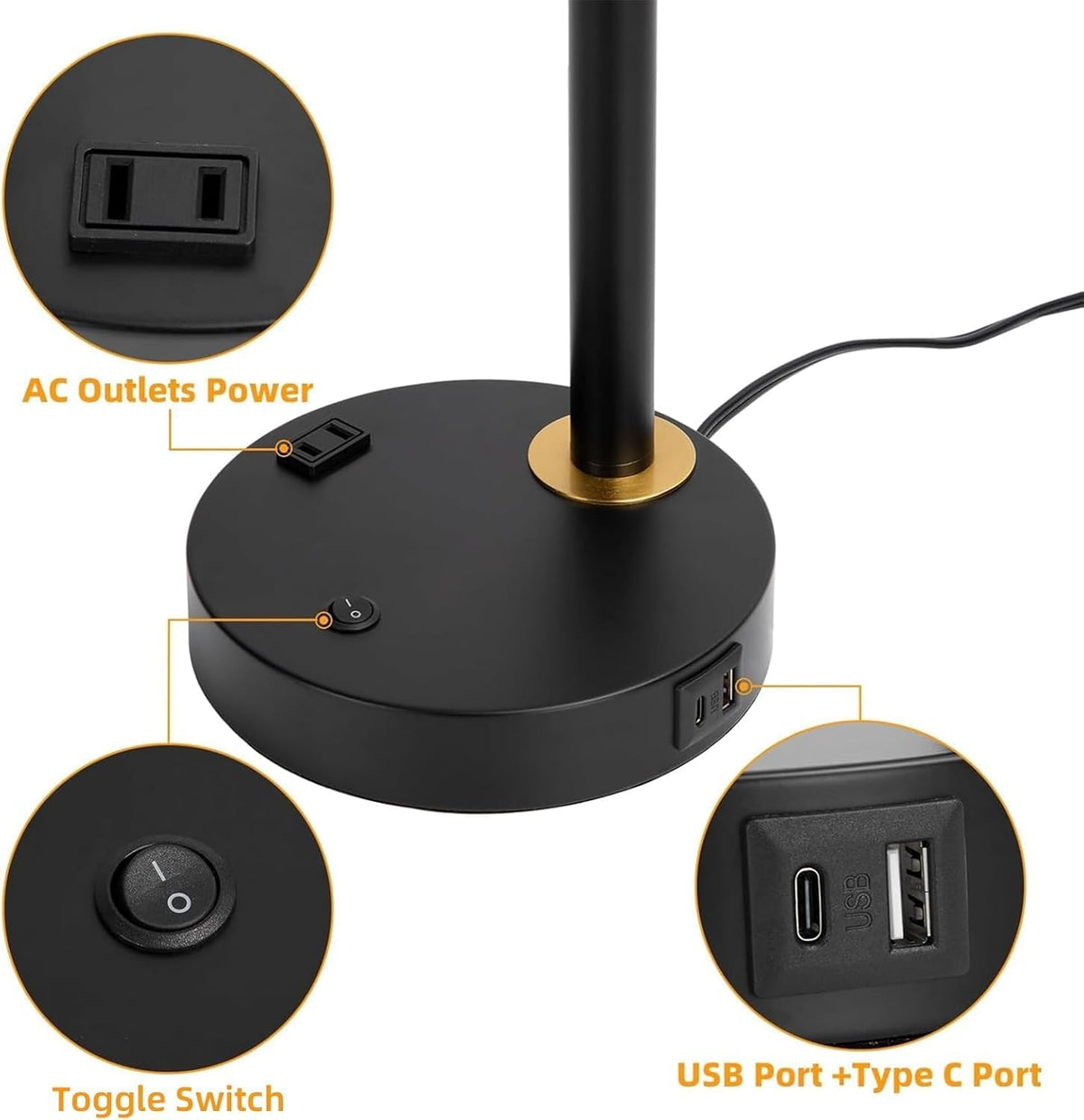 adjustable desk lamp with dual usb-c/a & ac on a desk or shelf