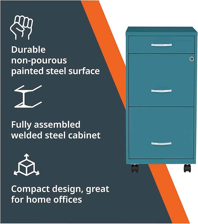 Lorell LYS SOHO Box/File/File Teal Mobile Cabinet, 3 Drawer - Image 4