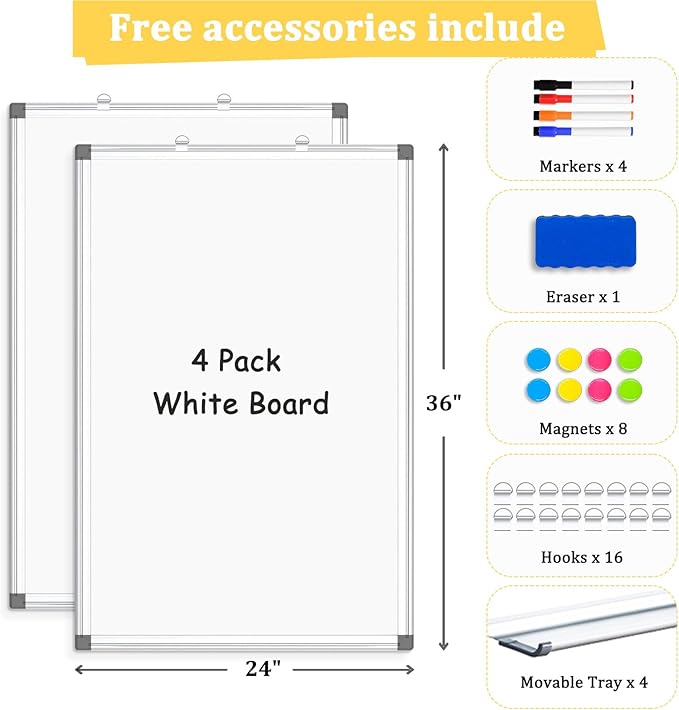 AMUSIGHT 4 Pack Double-Sided Magnetic Whiteboard, Aluminum Frame White Board - Image 4