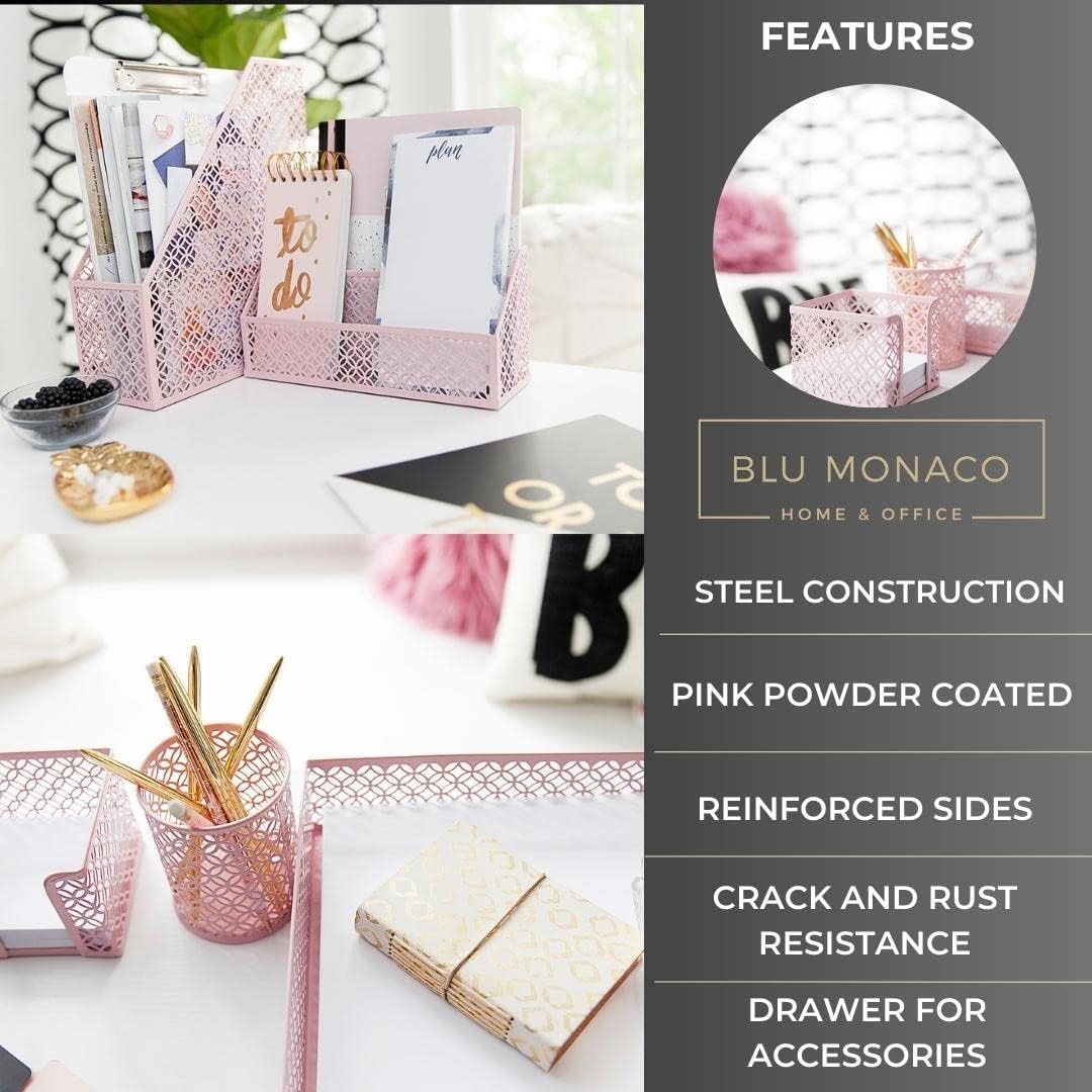 BLU MONACO Pink Desk Organizer Set | 6-Piece Metal Desktop Accessories | Mail...