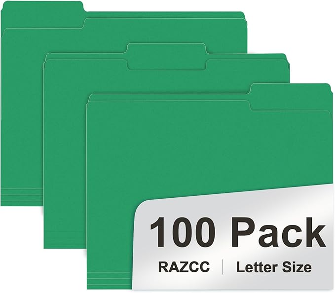 File Folder, RAZCC 100 Pack 1/3 Cut Tab File Folders Letter Size, Colored by RAZCC