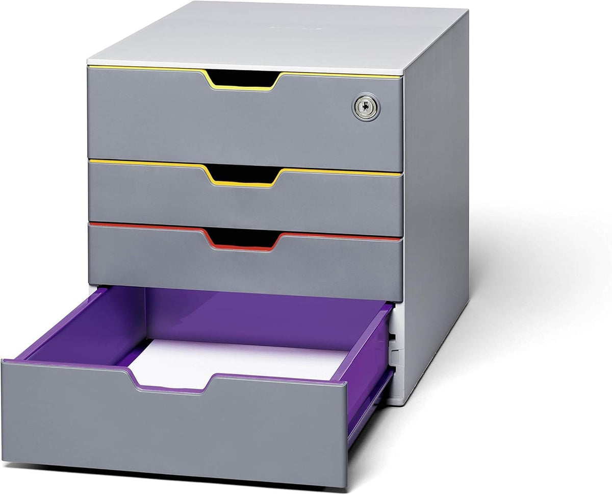 Durable Varicolor Drawer Organizer, 4 Lockable Color Coded Drawers, Gray