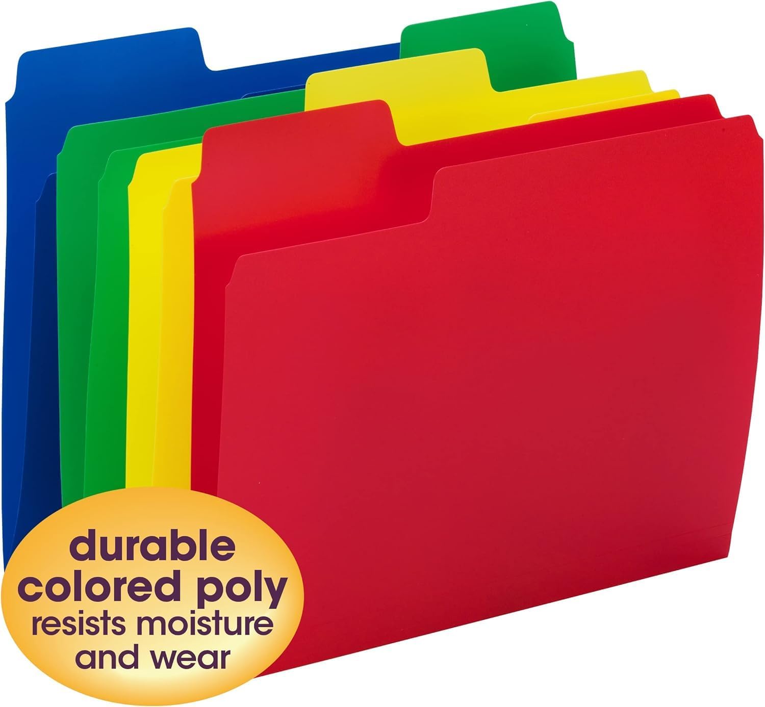 Smead SuperTab Poly Plastic File Folders for Documents, Set of 36 Plastic Folders, 1/3-Cut Tabs, File Folders Letter Size, Assorted Primary Colors, Office Supplies, School Supplies