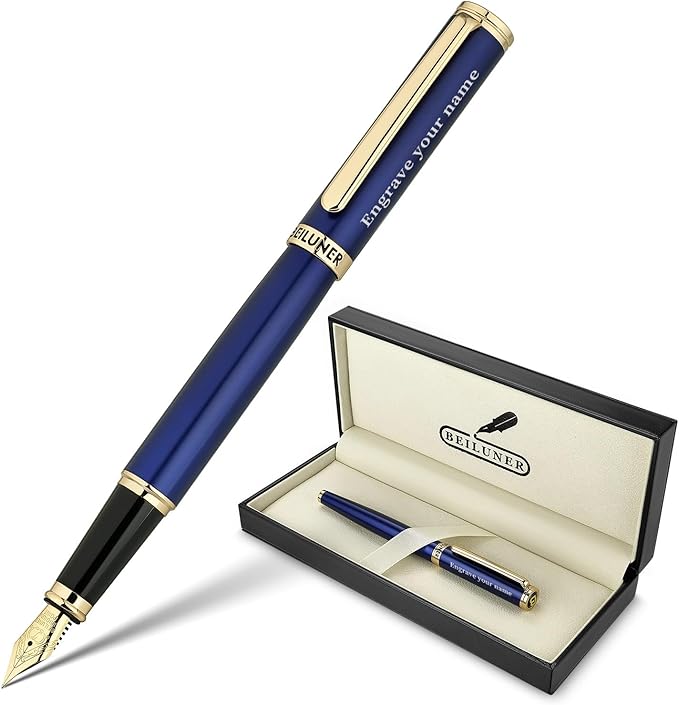 BEILUNER Blue Personalized Fountain Pen, Stunning Luxury Lacquer, 24K Gilded Nib by BEILUNER
