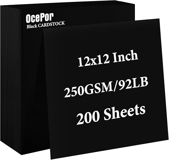 OcePor 200 Sheets Black Cardstock 12” x 12”, 92lb/250gsm Black Card Stock by OcePor