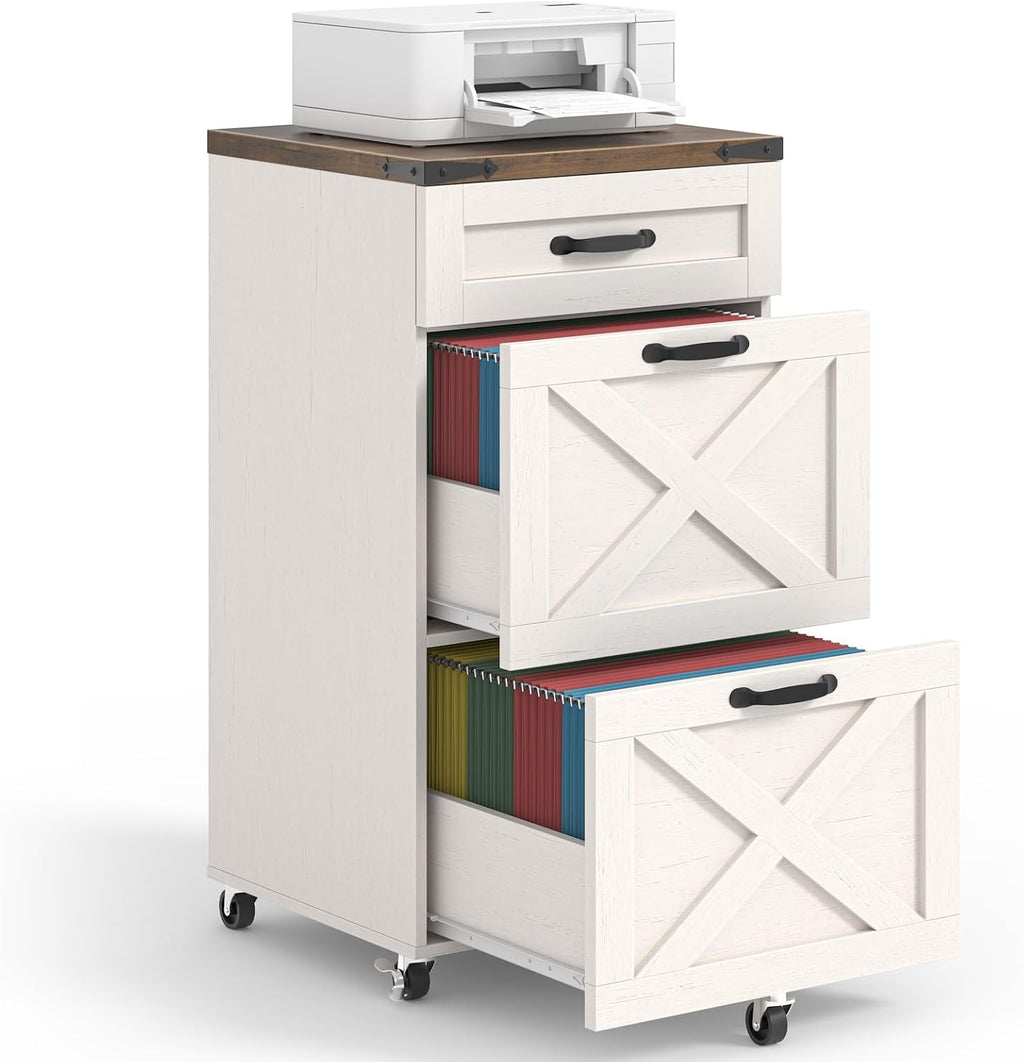 3 Drawers Farmhouse File Cabinet with Wheels for Home Office, Rustic White | Halitaa Vertical Filing Cabinet Fits Letter/A4 Size, Rolling File Cabinet Wooden Printer Stand for Home Office