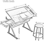 Drafting Table, Height Adjustable Art Tabe with Stool, White | 0-75° Tilting Tempered Glass Tabletop Art Drawing Table with Compartments, Trays, Rack and Drawers for Sketching Painting