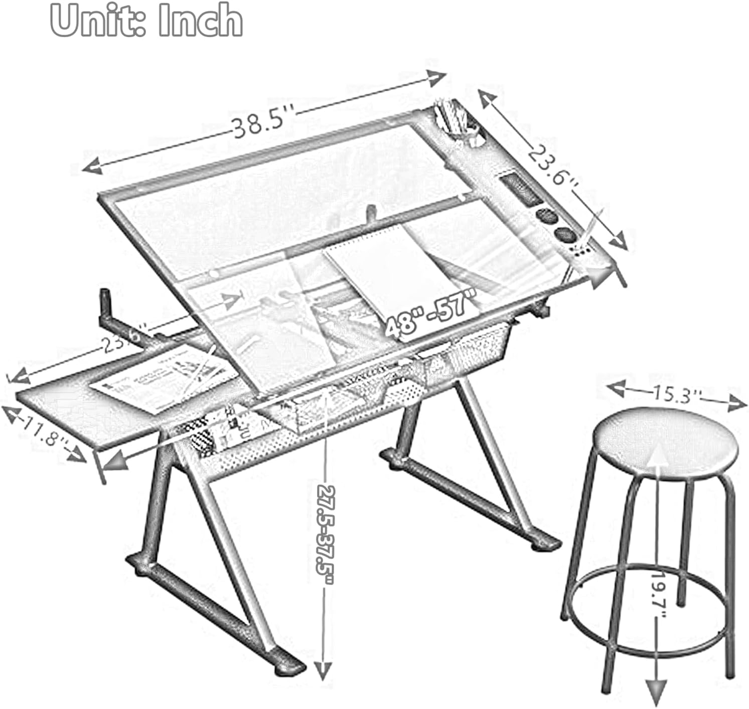 Drafting Table, Height Adjustable Art Tabe with Stool, White | 0-75° Tilting Tempered Glass Tabletop Art Drawing Table with Compartments, Trays, Rack and Drawers for Sketching Painting