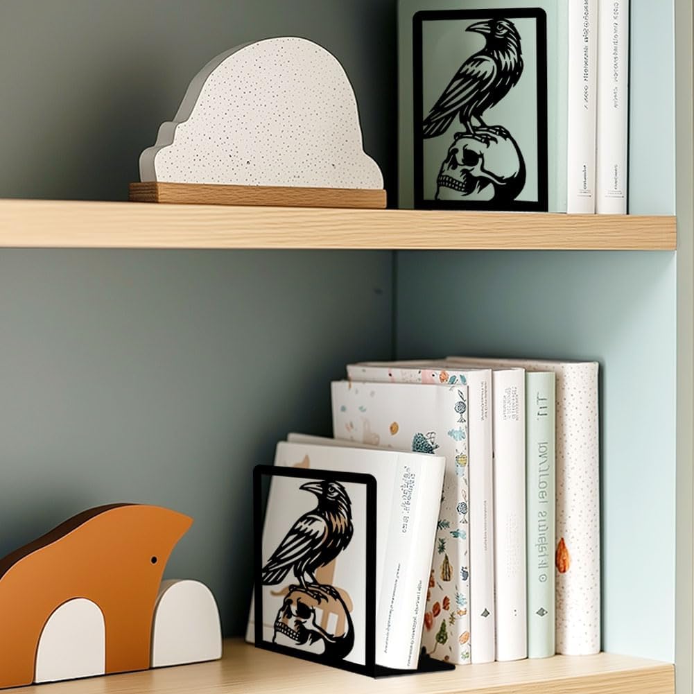 Raven and Skull Decor Gothic Metal Bookends for Shelves, Office Desk Organizer Book Ends for Heavy Books, Home Office Desk Bookshelf Decor Gift for Gothic Lovers and Reading Enthusiasts