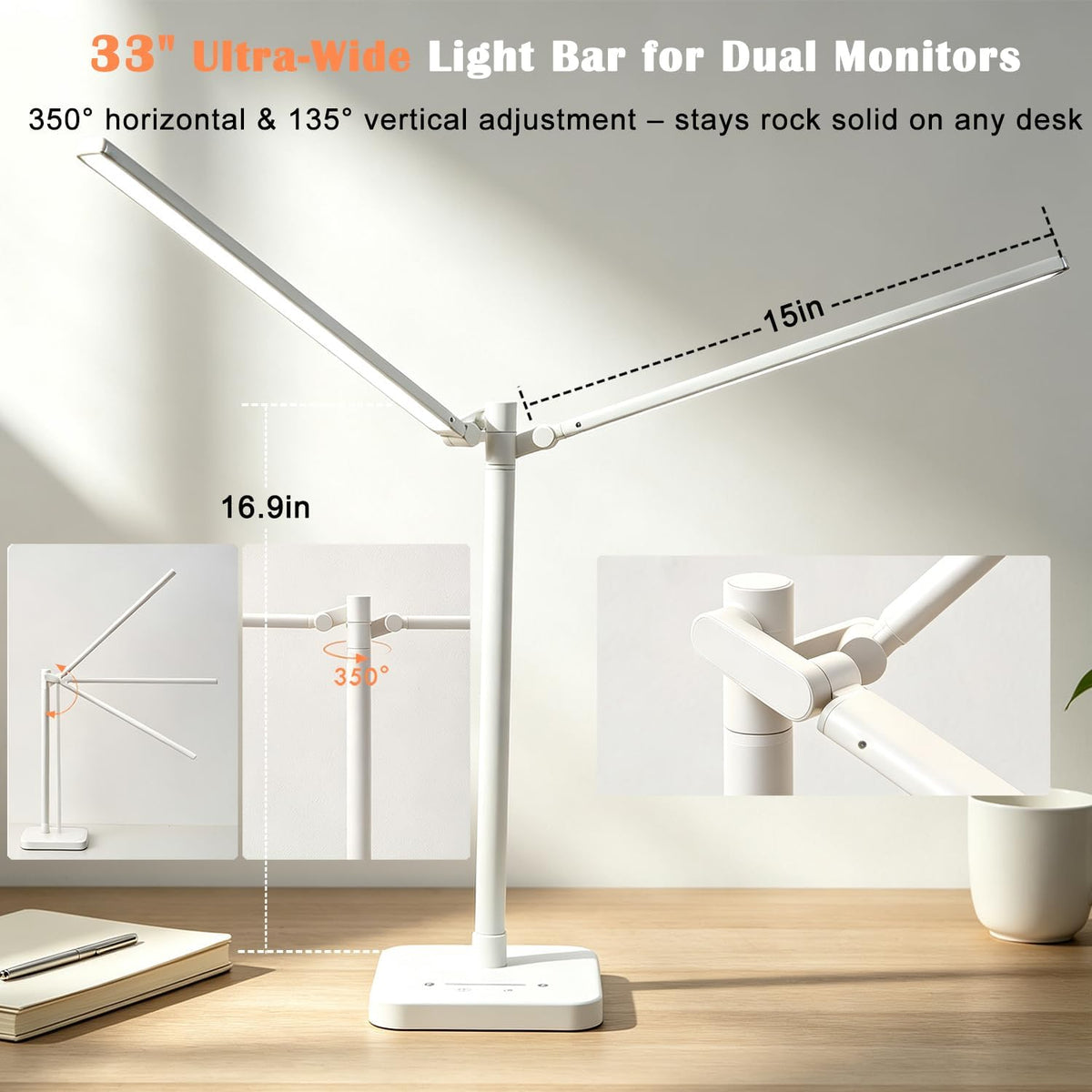 Desk Lamp for Office Home Dual Head 24W Swing Arm Reading Table Lamp White