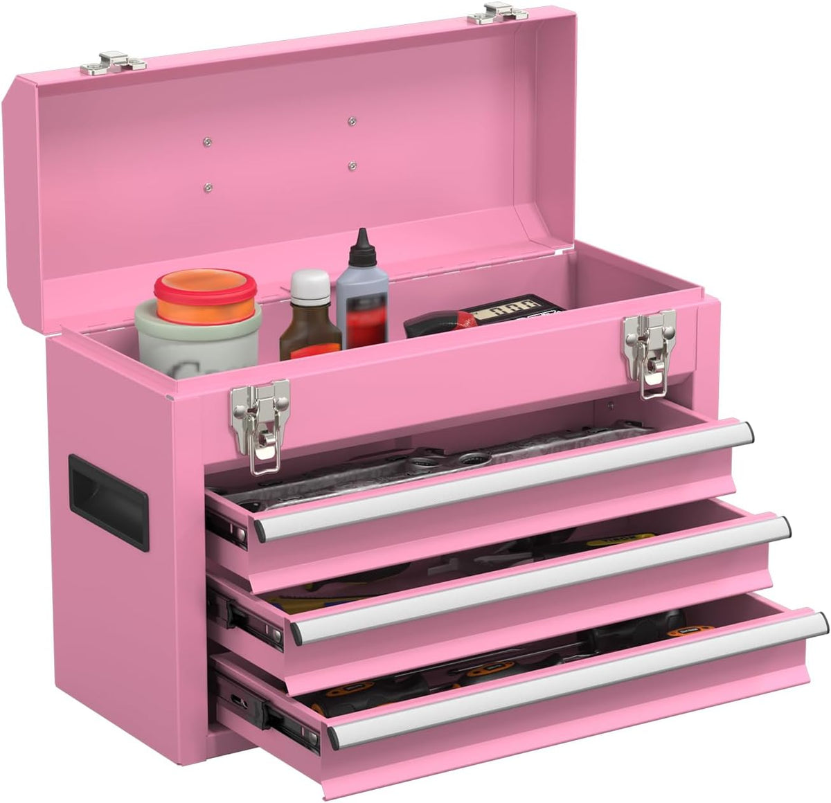 Portable Metal Tool Box with Drawers, Latches Tool Box with EVC Liners for Ga...