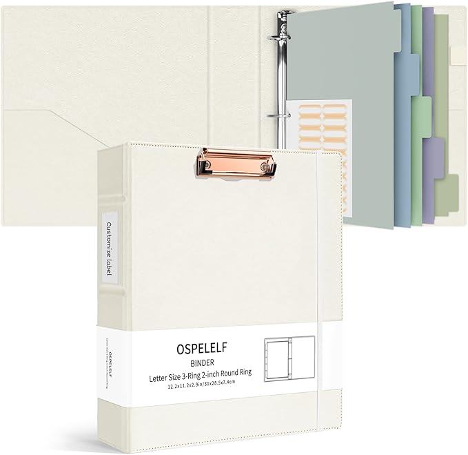 Ospelelf 3 Ring Binders with Clipboard 2 Inch, Leather Clipboard Binder by OspelelfOfficeSupplies
