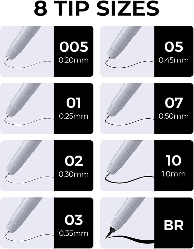 JusArt Fineliner Pens, 8 Size, Ultra Fine, Fine & Brush, Waterproof Black - Image 2