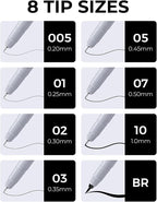 JusArt Fineliner Pens, 8 Size, Ultra Fine, Fine & Brush, Waterproof Black - Image 2