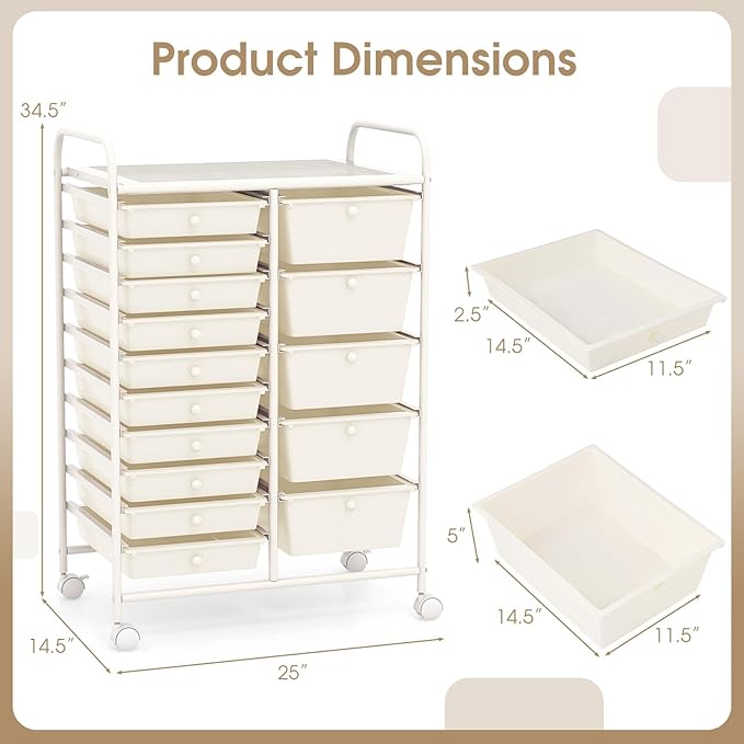 COSTWAY 15-Drawer Rolling Storage Cart, Mobile Utility Cart - Image 3