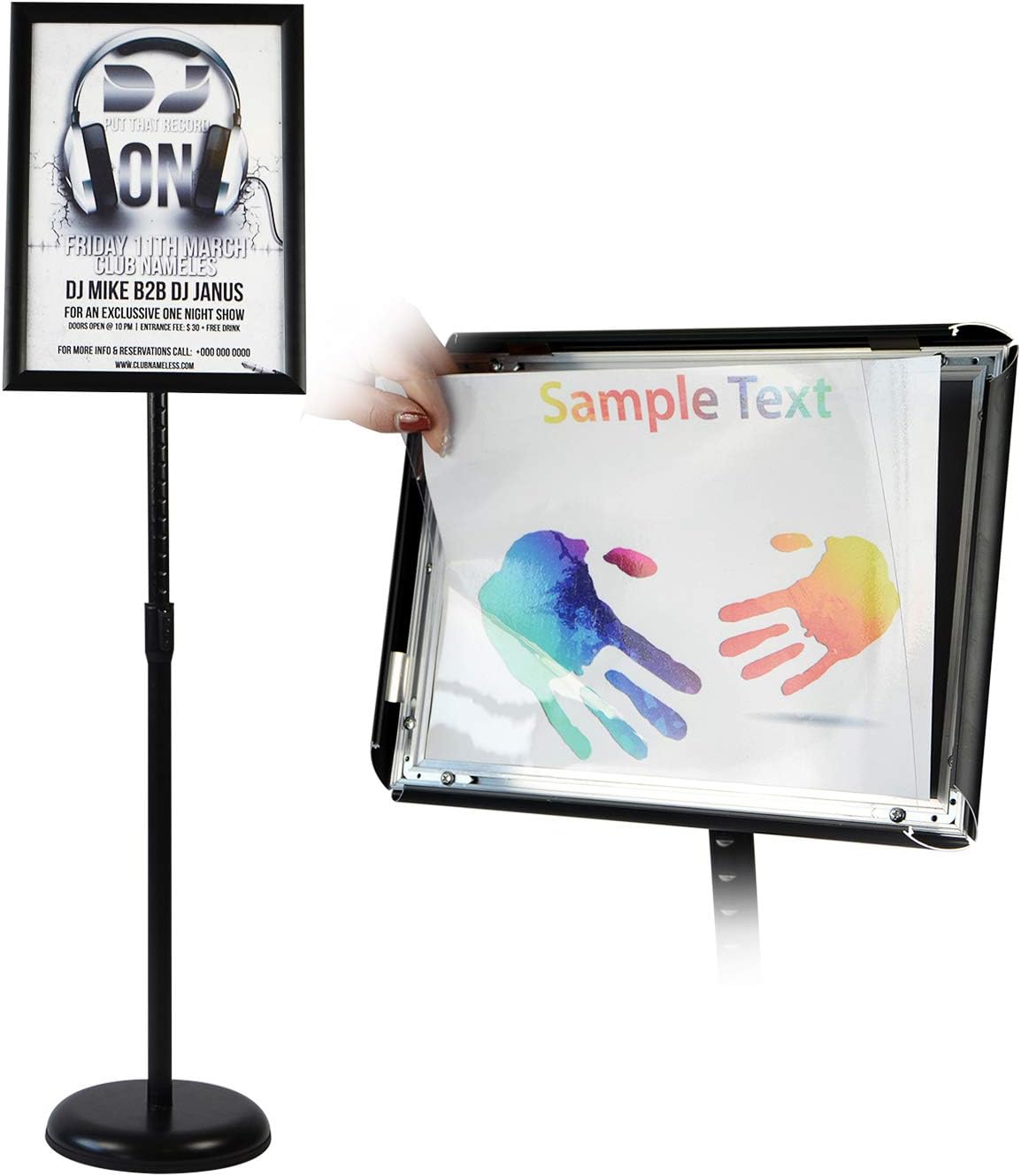 adjustable heavy duty pedestal sign holder floor stand shown in use