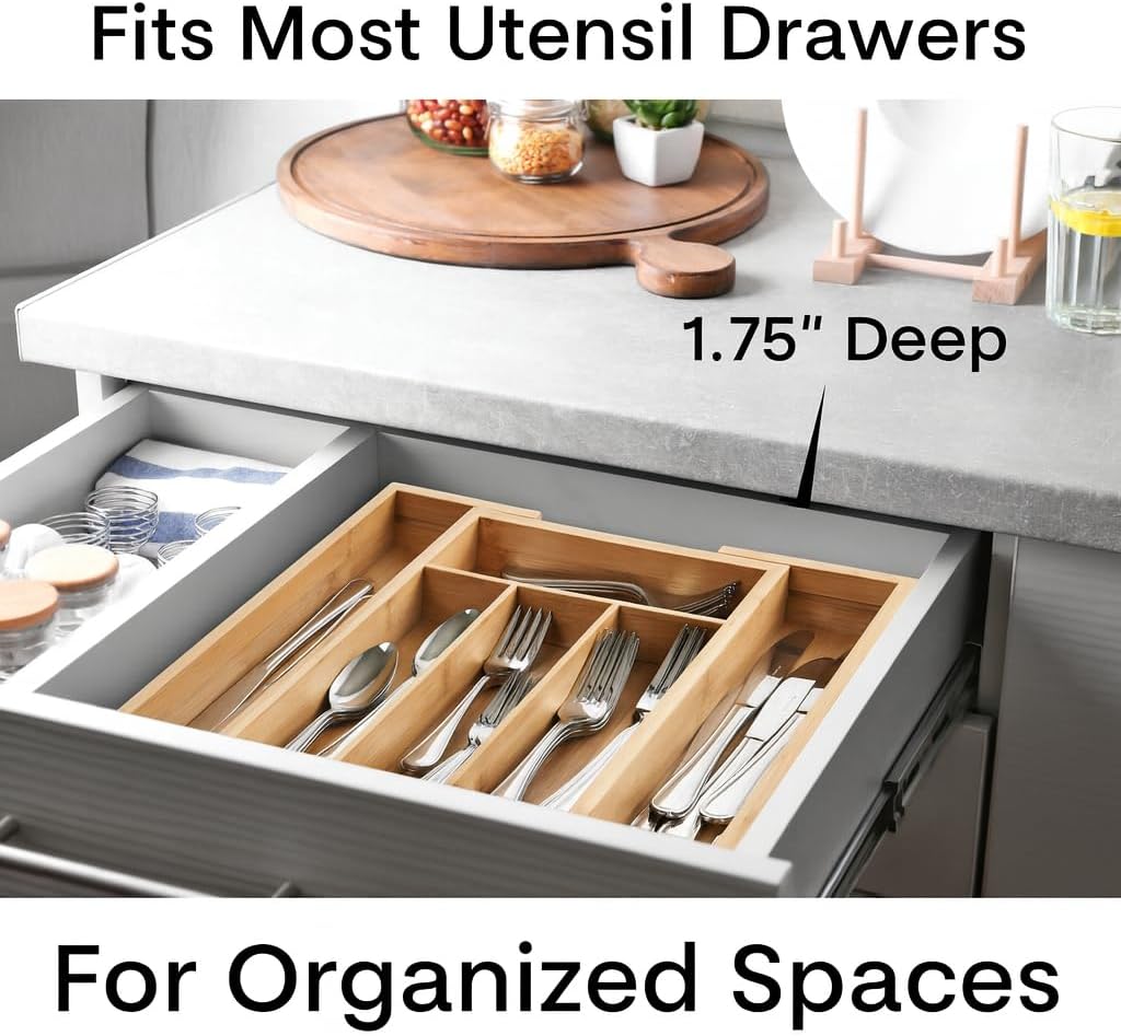 HIC Kitchen Expandable 6-Slot Silverware Cutlery Utensil Storage Tray, Natura...