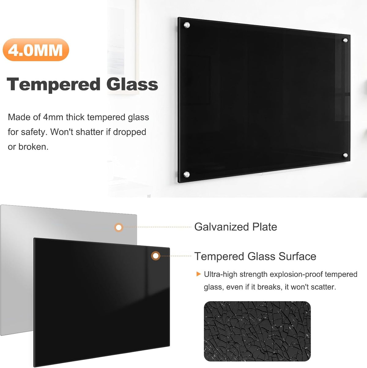 36” x 24” Black Dry Erase Board, Magnetic Tempered Glass Board
