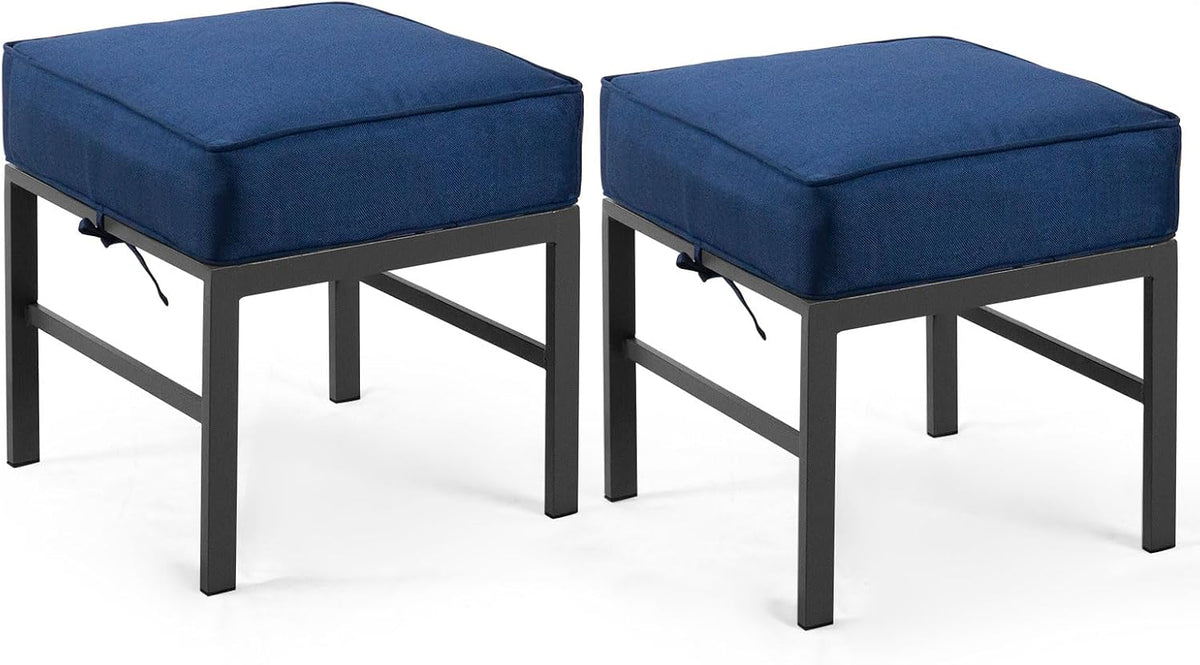 2 Pieces Outdoor Ottomans for Patio, Assembled Patio Ottomans with Bule Cushi...