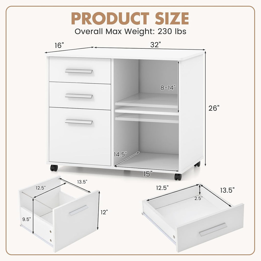 Giantex 3-Drawer File Cabinet for Office - Home Mobile Lateral Filing Cabinet with Hanging Bars, Open Storage Shelves, 5 Universal Wheels, Printer Stand for Letter Size Storage Cabinet (White)