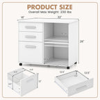 Giantex 3-Drawer File Cabinet for Office - Home Mobile Lateral Filing Cabinet with Hanging Bars, Open Storage Shelves, 5 Universal Wheels, Printer Stand for Letter Size Storage Cabinet (White)