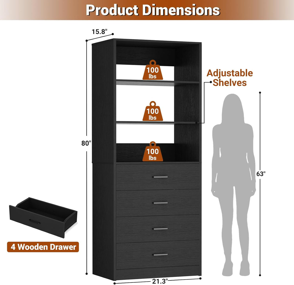 Aheaplus Closet Drawers System, 21.3" Wood Closet Organizer System, Black