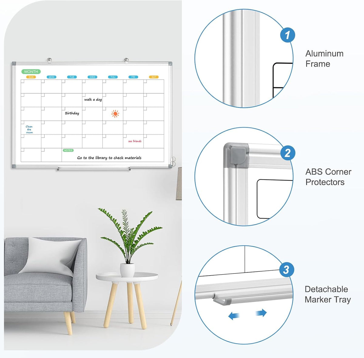 Monthly Calendar Whiteboard 36x24 Dry Erase Magnetic Double-Sided Wall