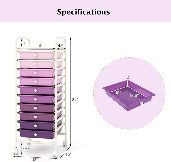 Giantex 10-Drawer Storage Cart w/Universal Wheel, Rolling Cart w/Handle - Image 3