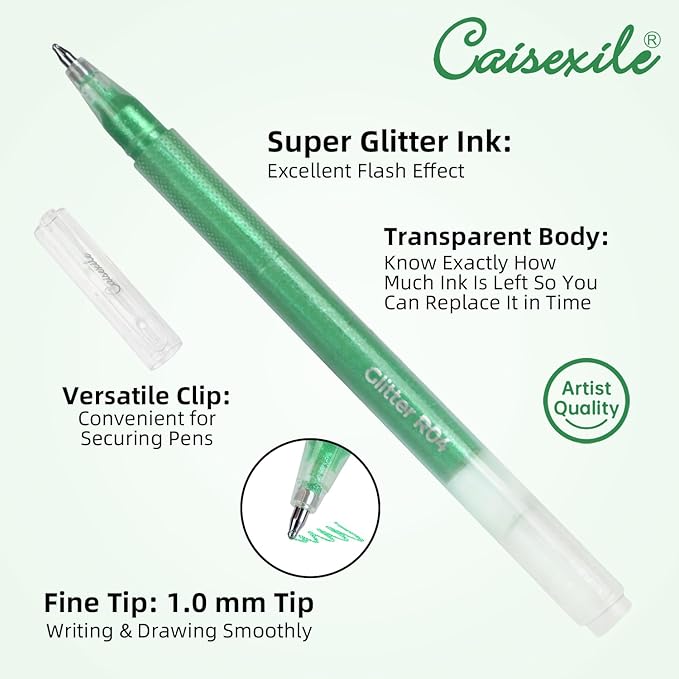 CAISEXILE 12 Green Glitter Gel Pens Set, 1.0 mm Fine Point - Image 3