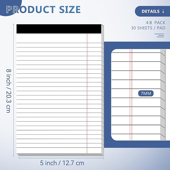Nichela 5" x 8" Note Pads 48 Pack of Legal Pads 30 Sheets Notepad College Ruled - Image 2
