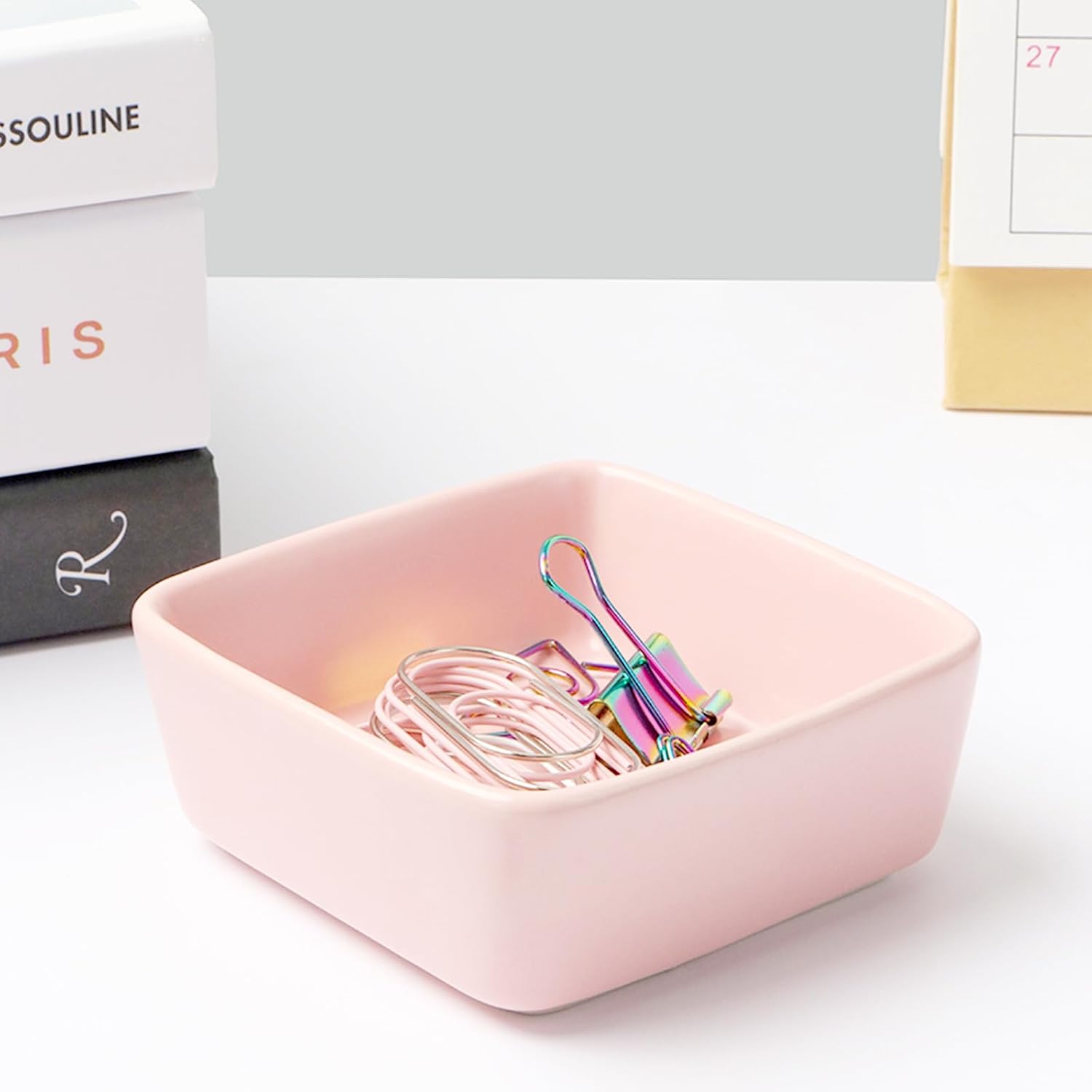 NatSumeBasics Pink Ceramic Paper Clip Holder Dispenser | Square Paper Clips & Push Pins, Office Desk Organizer