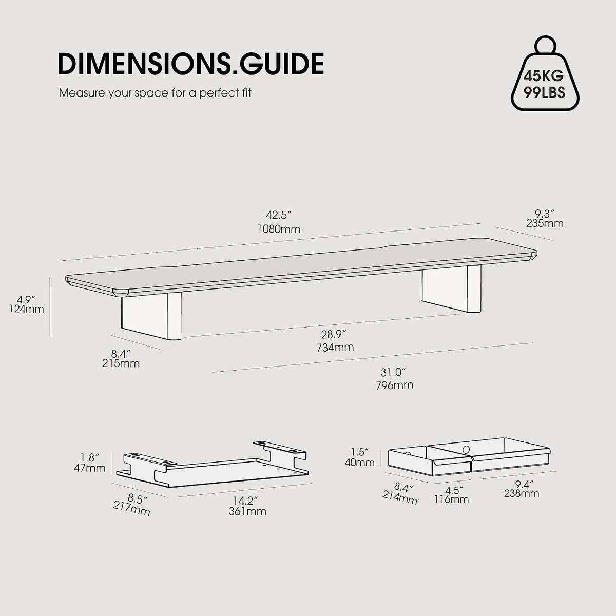 Fenge 42.5" Dual Monitor Stand with Storage Drawer & Solid Wood Legs