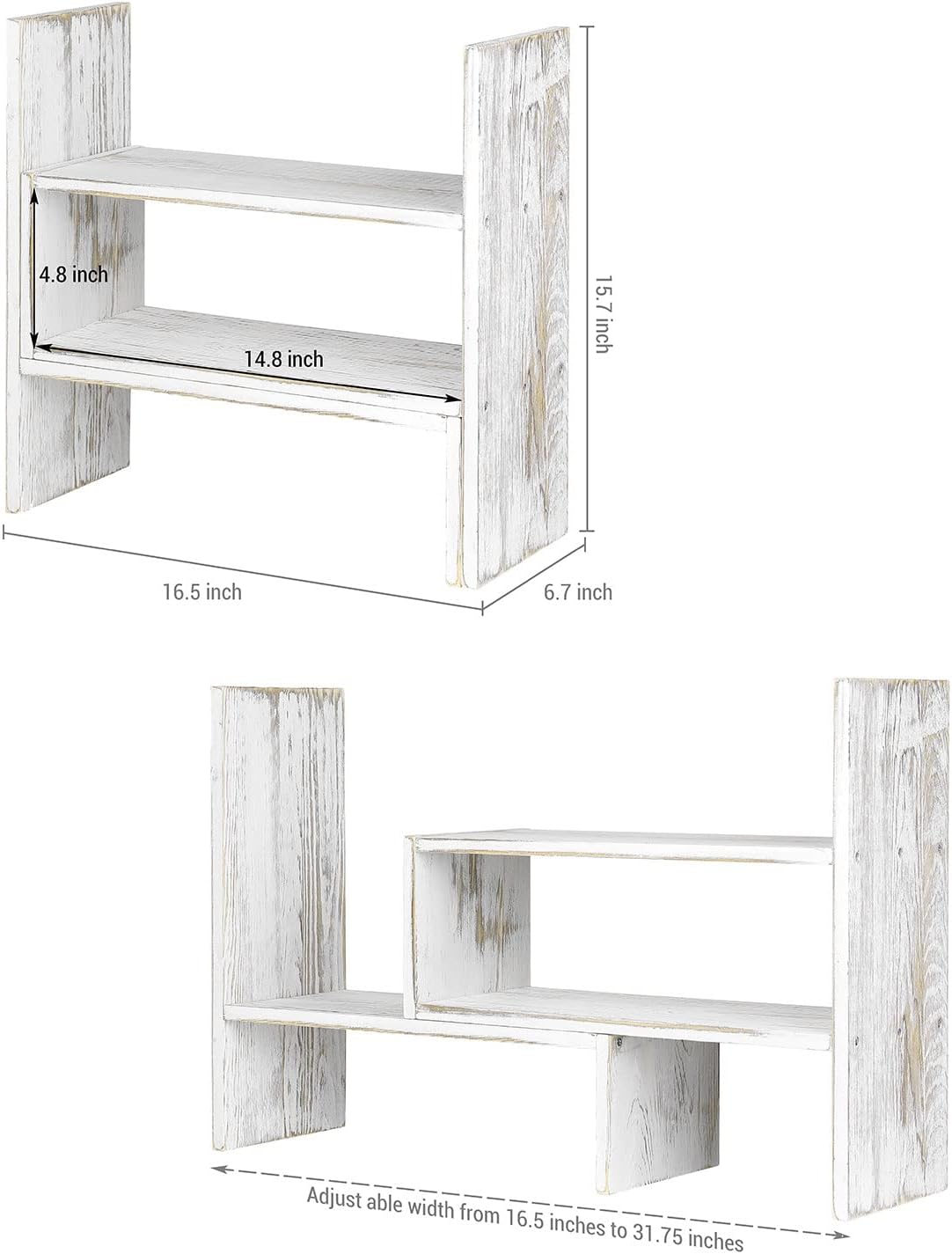 MyGift Adjustable Whitewashed Solid Wood Desktop Storage Organizer Display Sh...