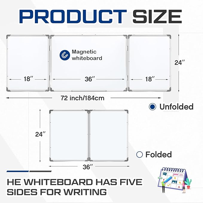 72" x 24" Foldable Whiteboard Dry Erase Board Large Tri Folding Whiteboard - Image 2